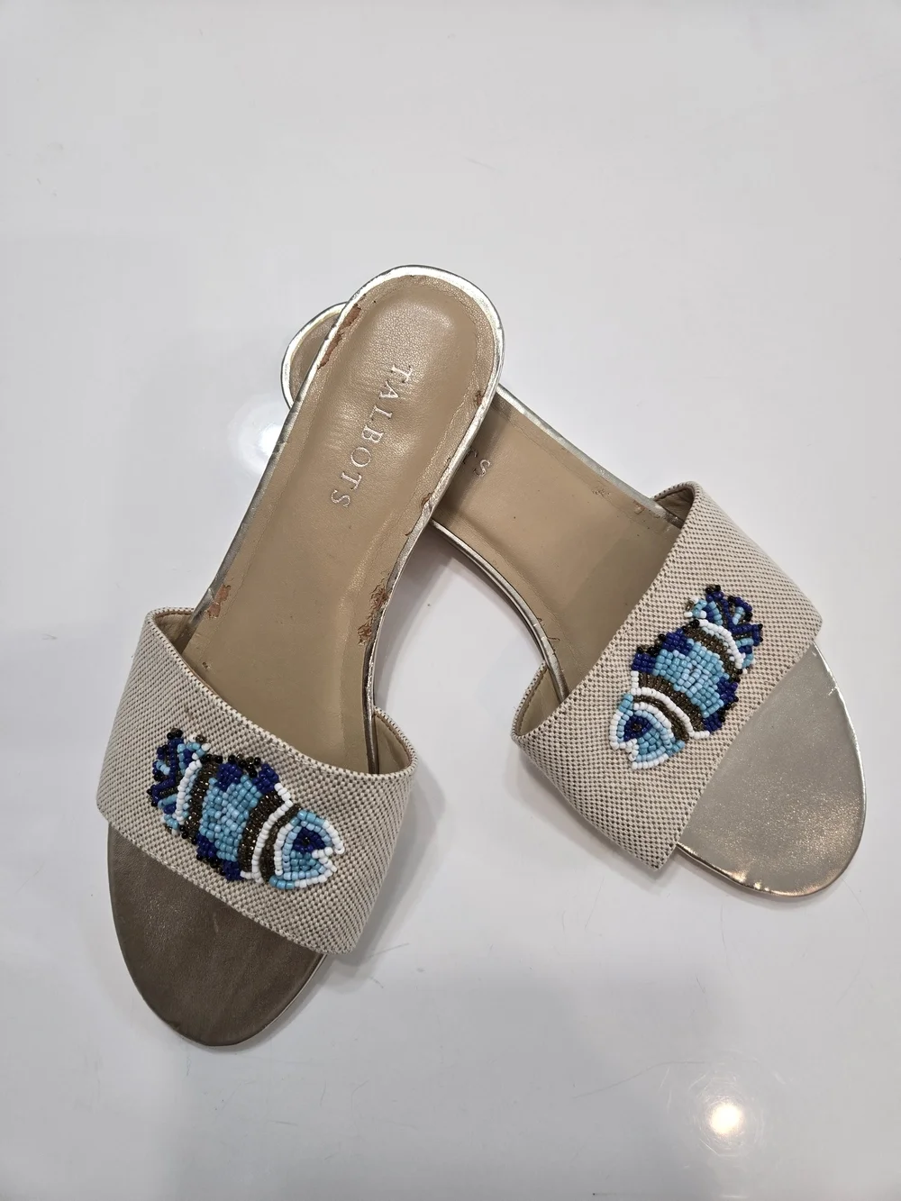 TALBOT'S Turquoise Cobalt Blue BLING Fish Sandals Slides Shoes Sz 7.5